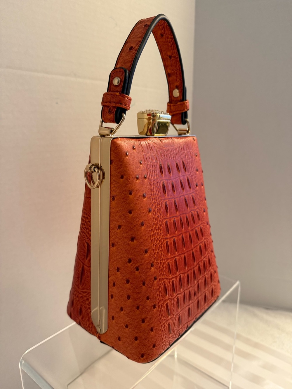🧡 Isabelle Orange Croc Ostrich Embossed Box Crossbody Bag Rhinestone NWOT